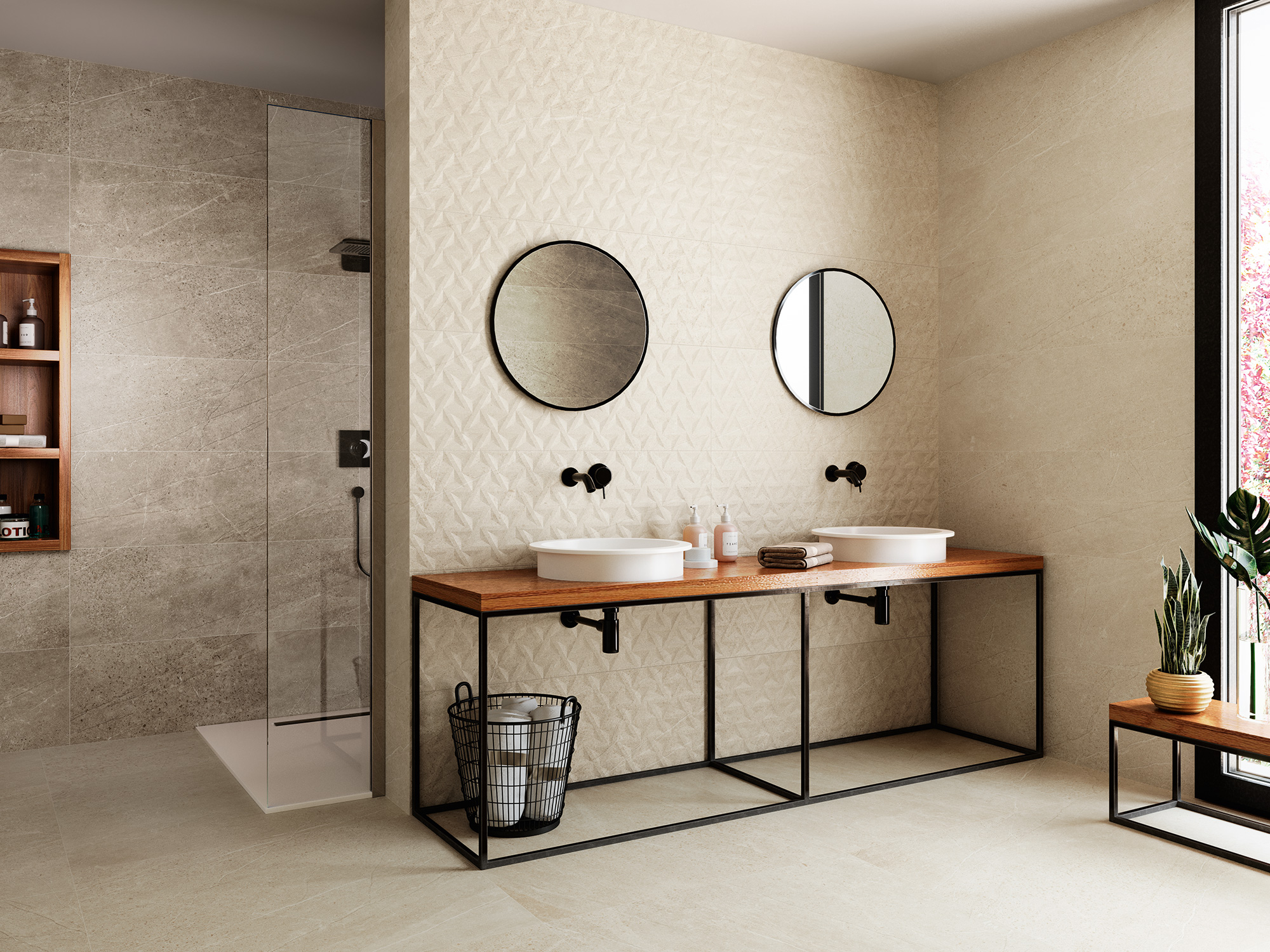 Amb 1215 Cream Cream Relieve Geo 40x120 1817 Cream 100x100 web - Trevi 1215