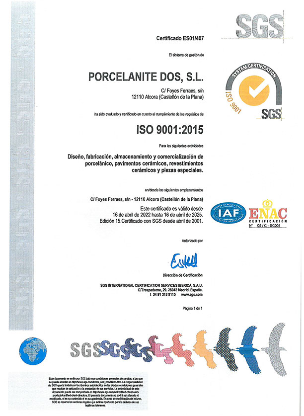 CERTIFICADO ISO PORCELANITE DOS SL - Empresa