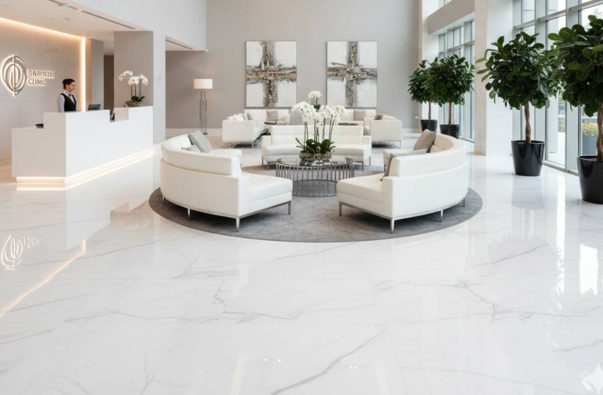 Suelo porcelánico blanco recepción hotel